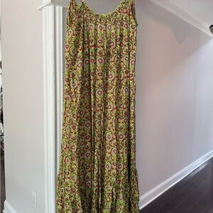 Anthropologie Green and Yellow Smocked Tiered Maxi dress